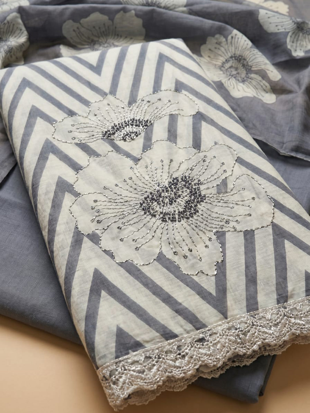 Grey Printed Linen Blend Unstitched Suit With Pant &amp; Dupatta