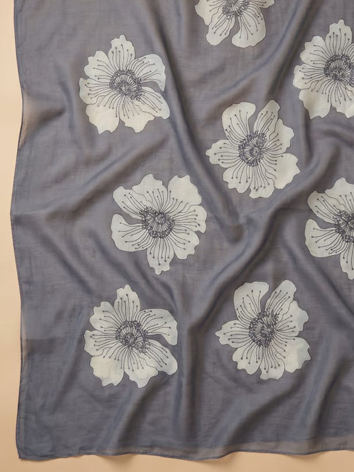Grey Printed Linen Blend Unstitched Suit With Pant &amp; Dupatta