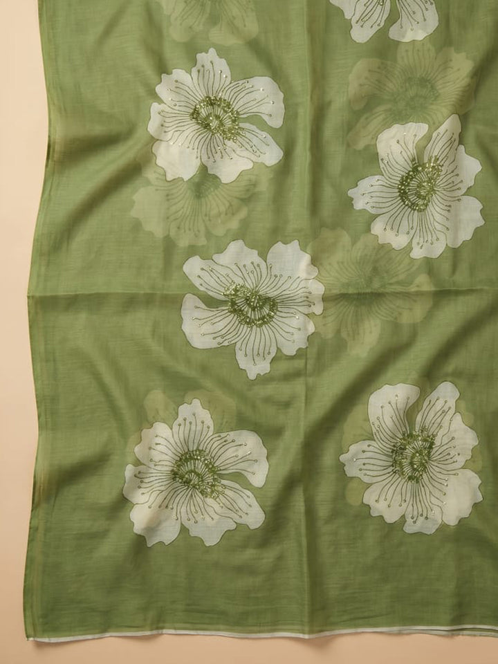 Mehndi Printed Linen Blend Unstitched Suit With Pant &amp; Dupatta