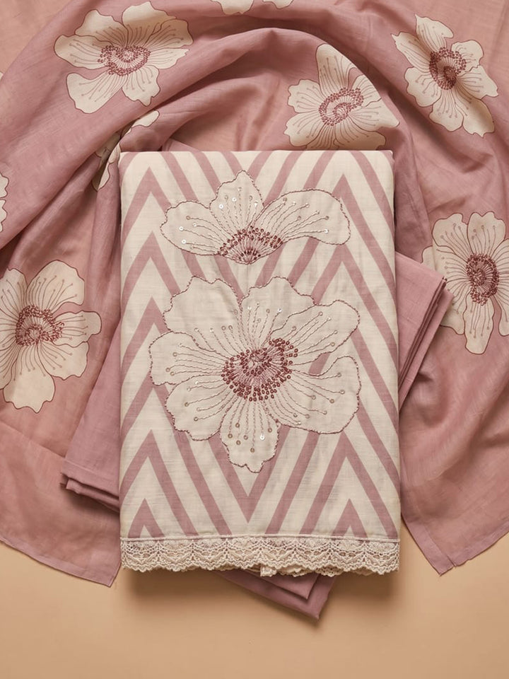 Onion Pink Printed Linen Blend Unstitched Suit With Pant &amp; Dupatta