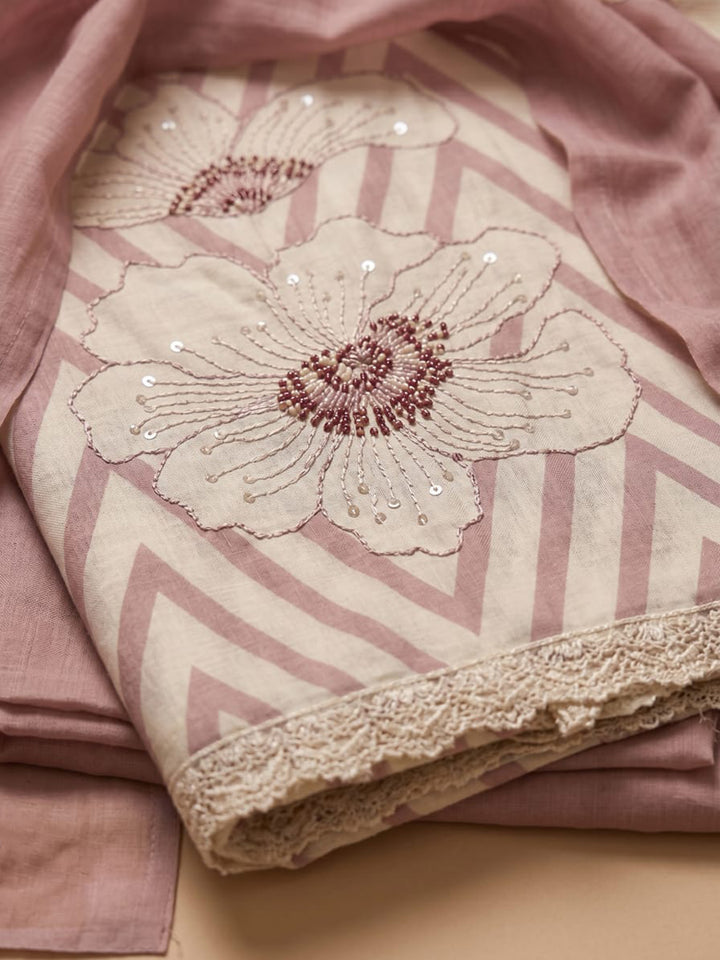 Onion Pink Printed Linen Blend Unstitched Suit With Pant &amp; Dupatta
