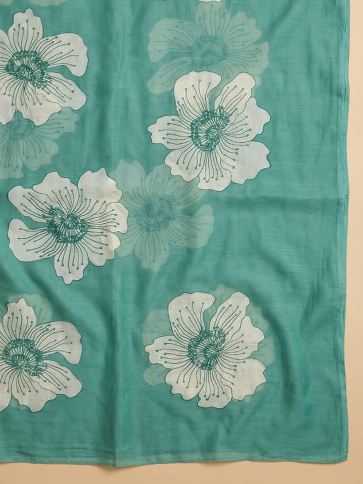 Rama Green Printed Linen Blend Unstitched Suit With Pant &amp; Dupatta