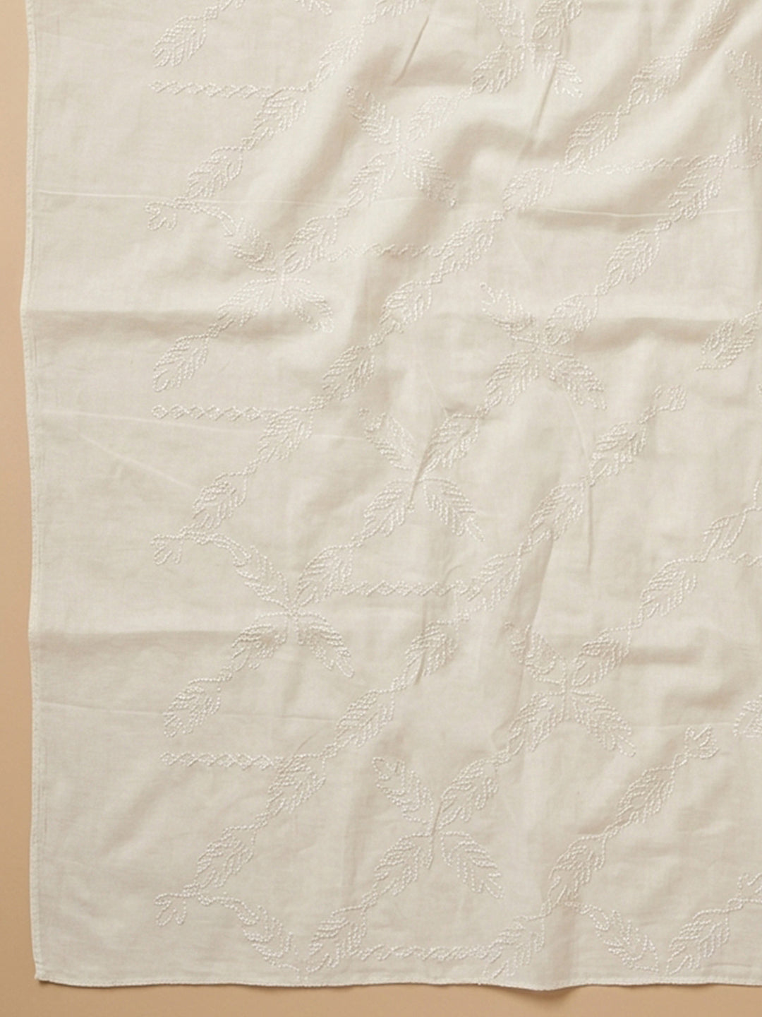 Off White Printed Cotton Blend Unstitched Suit &amp; Pant With Cotton Dupatta
