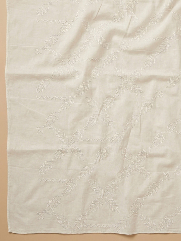 Off White Printed Cotton Blend Unstitched Suit &amp; Pant With Cotton Dupatta