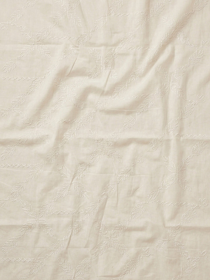 Off White Printed Cotton Blend Unstitched Suit &amp; Pant With Cotton Dupatta