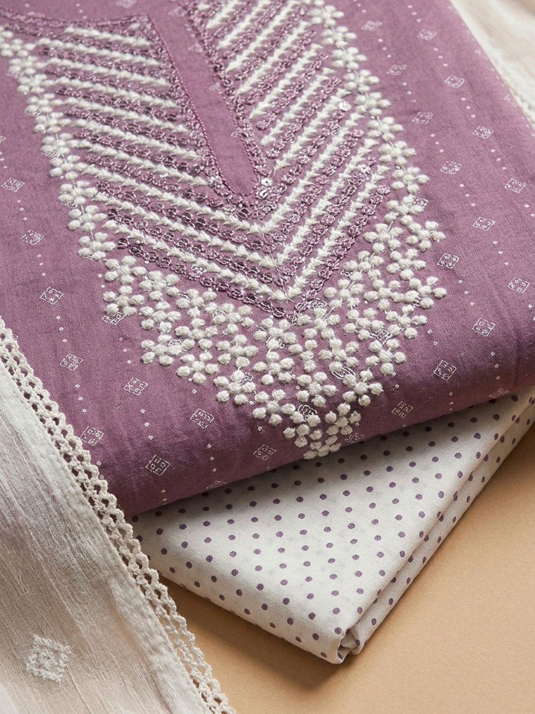 Purple Embroidery Cotton Blend Unstitched Dress Material