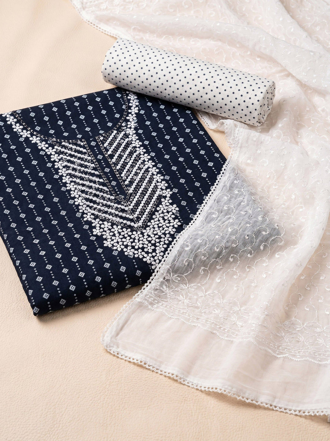 Neck Embroidered Cotton Blend Unstitched Suit With Dupatta