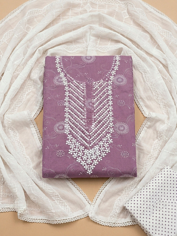 Purple Embroidery Cotton Blend Unstitched Dress Material