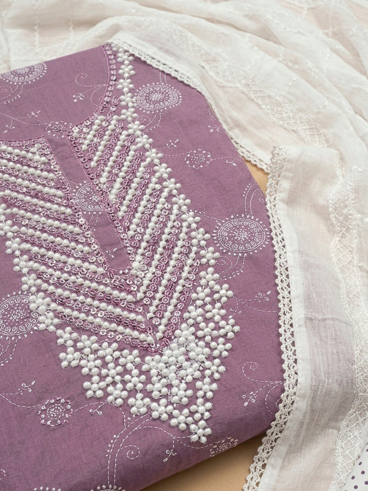 Purple Embroidery Cotton Blend Unstitched Dress Material
