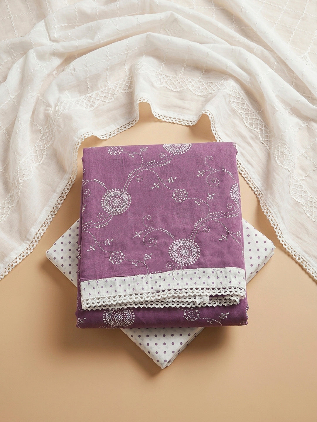 Purple Embroidery Cotton Blend Unstitched Dress Material