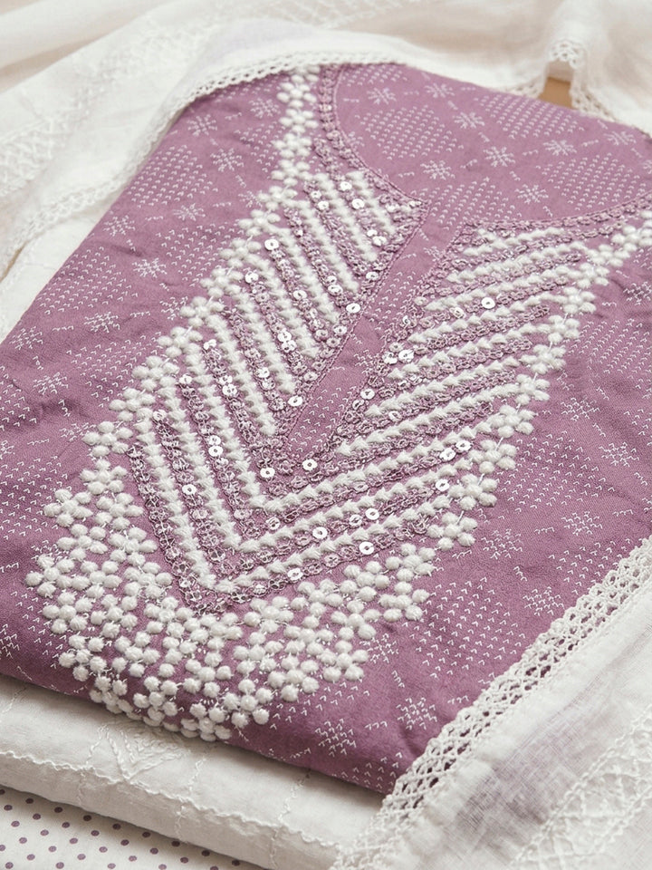 Purple Embroidery Cotton Blend Unstitched Dress Material