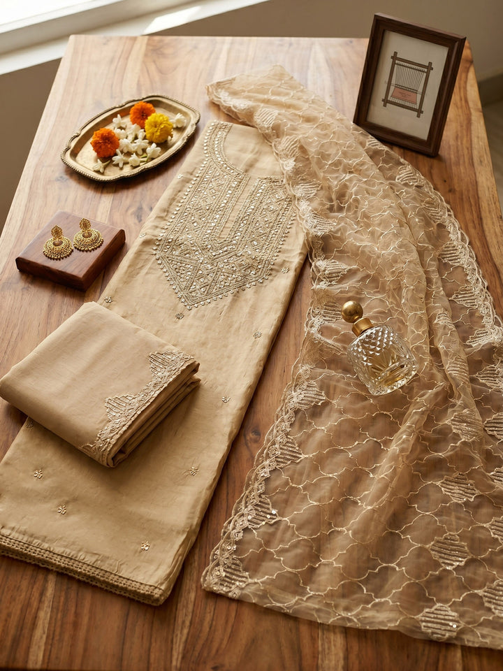 Neck Embroidered Chanderi Unstitched Suit With Dupatta