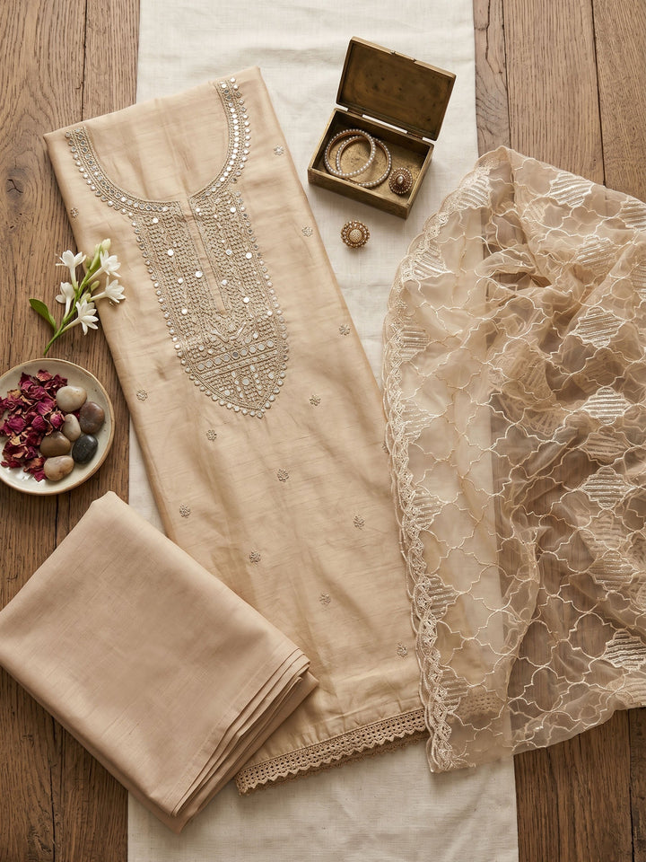 Neck Embroidered Chanderi Unstitched Suit With Dupatta