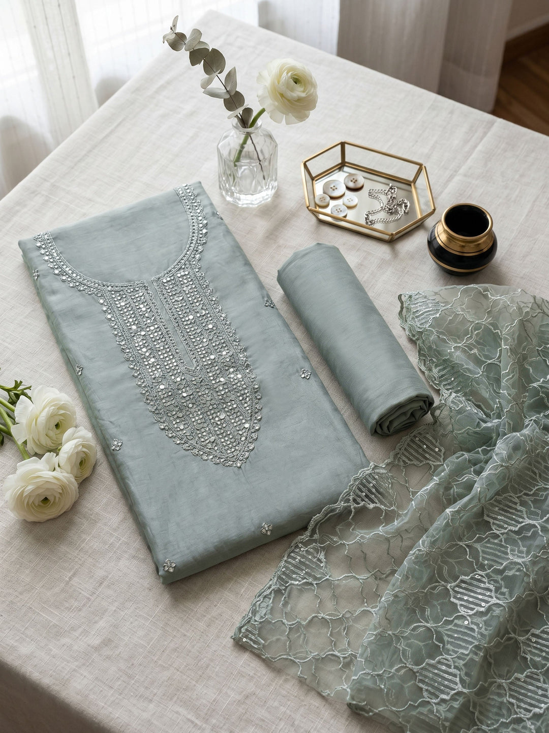 Neck Embroidered Chanderi Unstitched Suit With Dupatta
