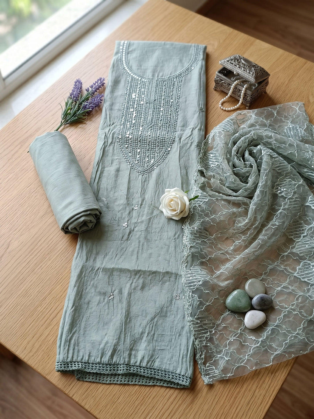 Neck Embroidered Chanderi Unstitched Suit With Dupatta
