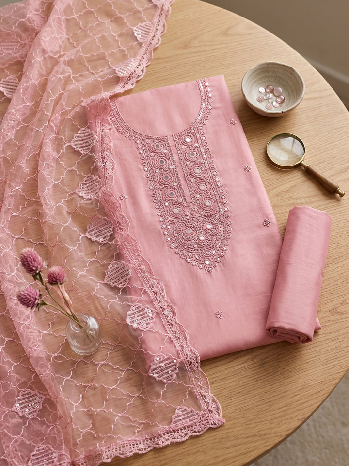 Neck Embroidered Chanderi Unstitched Suit With Dupatta