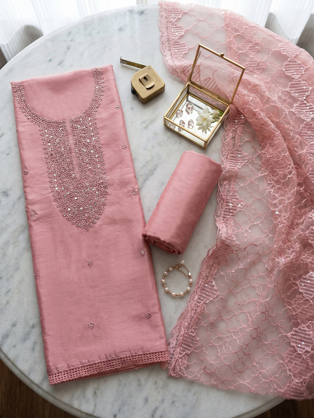 Neck Embroidered Chanderi Unstitched Suit With Dupatta