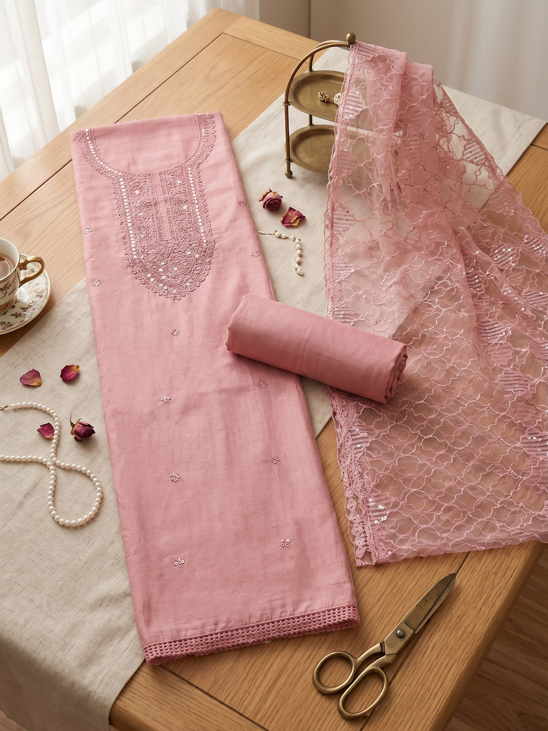 Neck Embroidered Chanderi Unstitched Suit With Dupatta