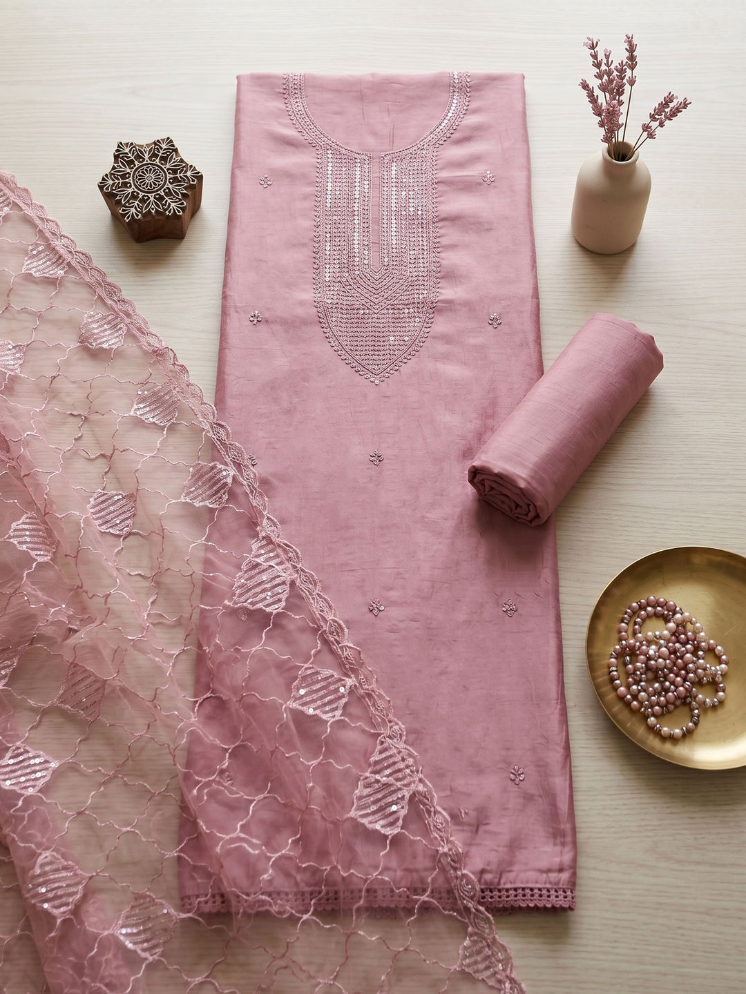 Neck Embroidered Chanderi Unstitched Suit With Dupatta