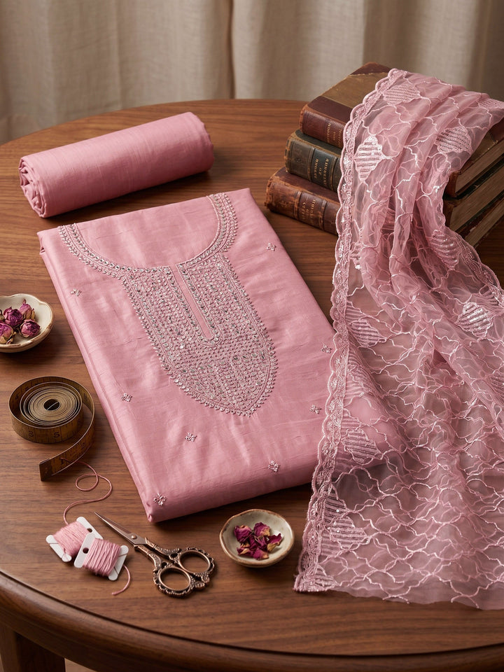 Neck Embroidered Chanderi Unstitched Suit With Dupatta