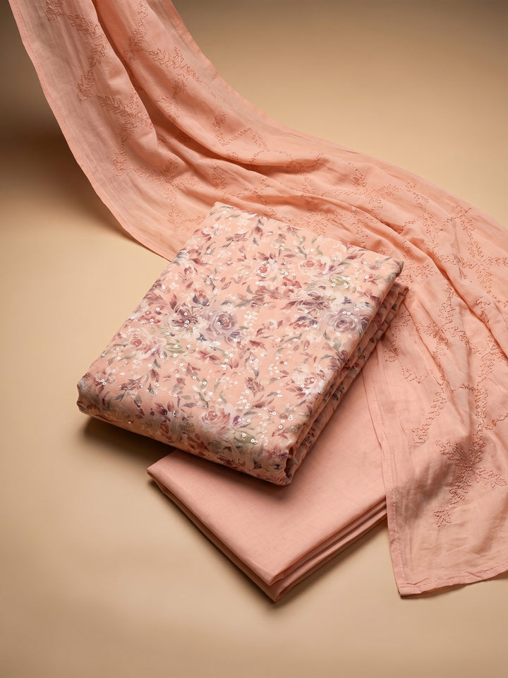 Peach Printed Cotton Blend Unstitched Suit &amp; Pant With Cotton Dupatta