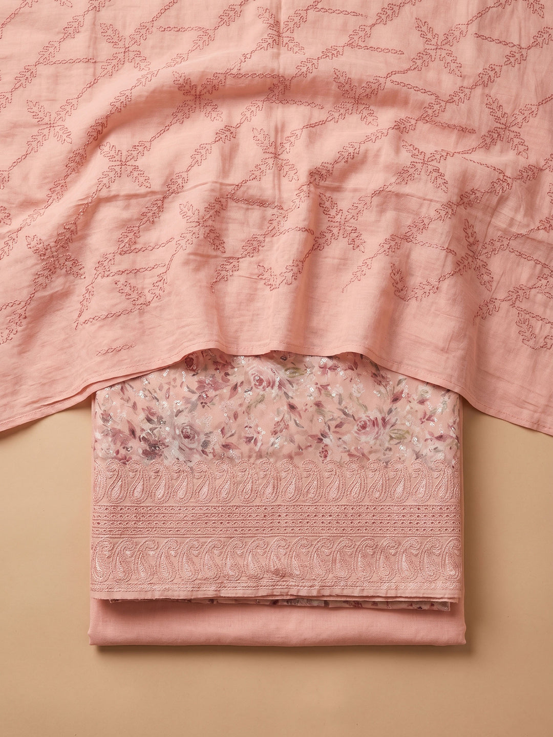 Peach Printed Cotton Blend Unstitched Suit &amp; Pant With Cotton Dupatta