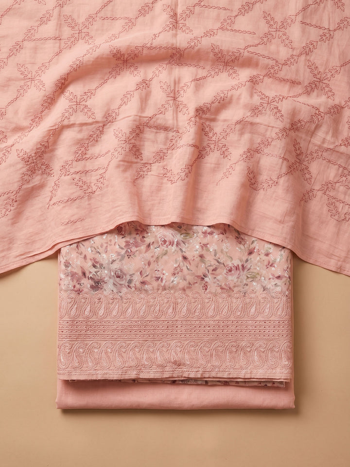 Peach Printed Cotton Blend Unstitched Suit &amp; Pant With Cotton Dupatta