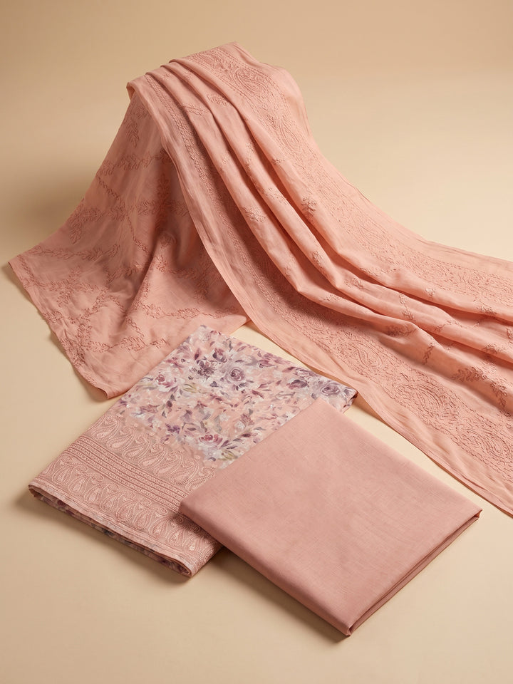 Peach Printed Cotton Blend Unstitched Suit &amp; Pant With Cotton Dupatta
