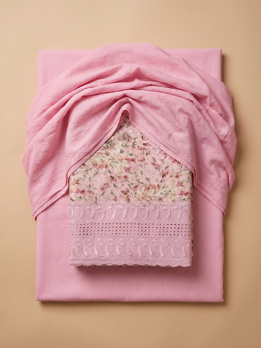 Pink Printed Cotton Blend Unstitched Suit &amp; Pant With Cotton Dupatta