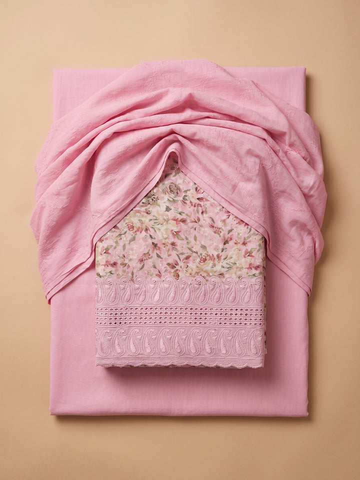 Pink Printed Cotton Blend Unstitched Suit &amp; Pant With Cotton Dupatta