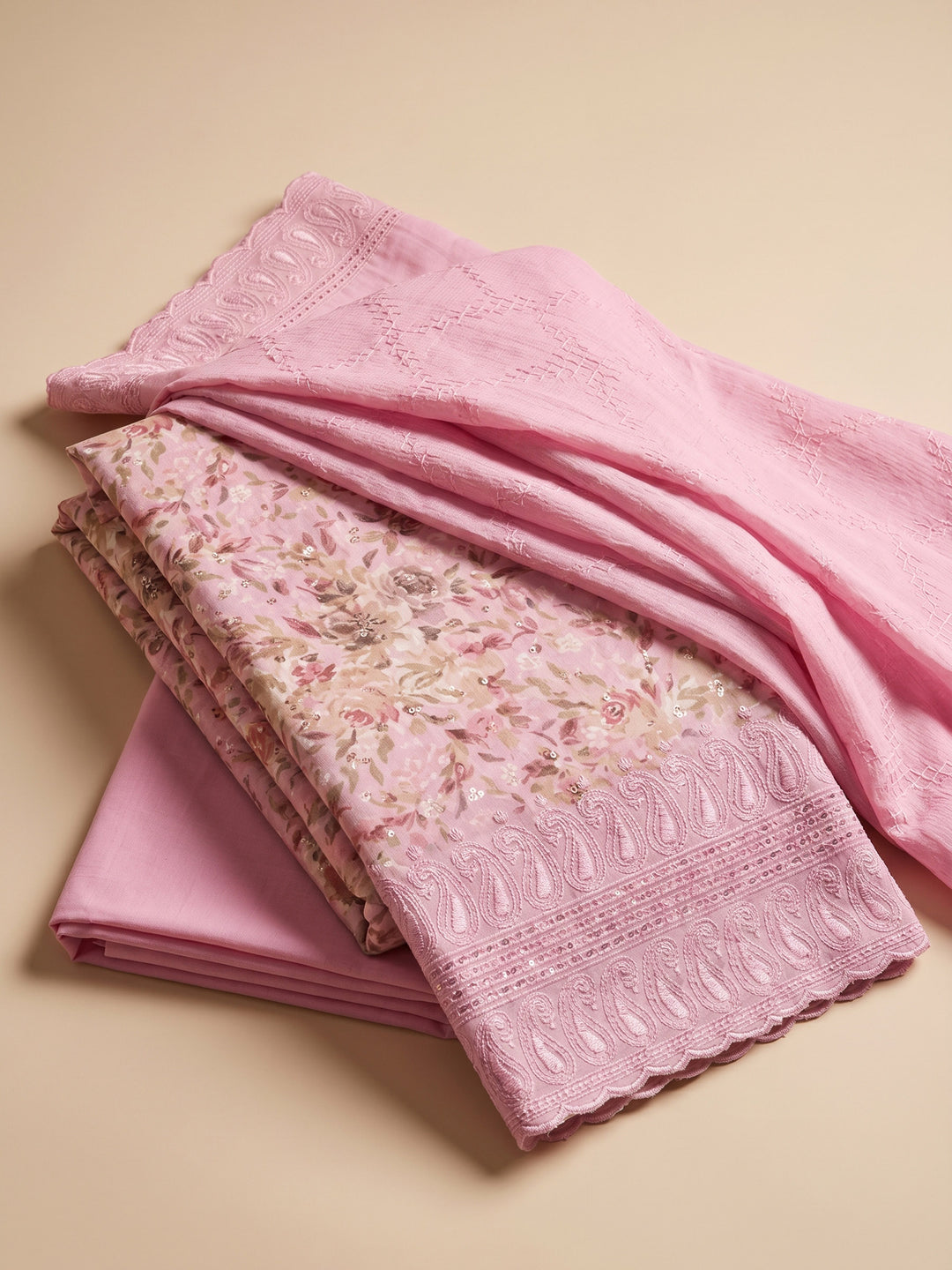 Pink Printed Cotton Blend Unstitched Suit &amp; Pant With Cotton Dupatta
