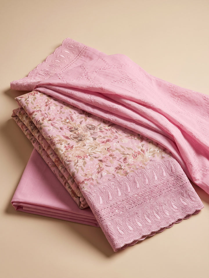 Pink Printed Cotton Blend Unstitched Suit &amp; Pant With Cotton Dupatta