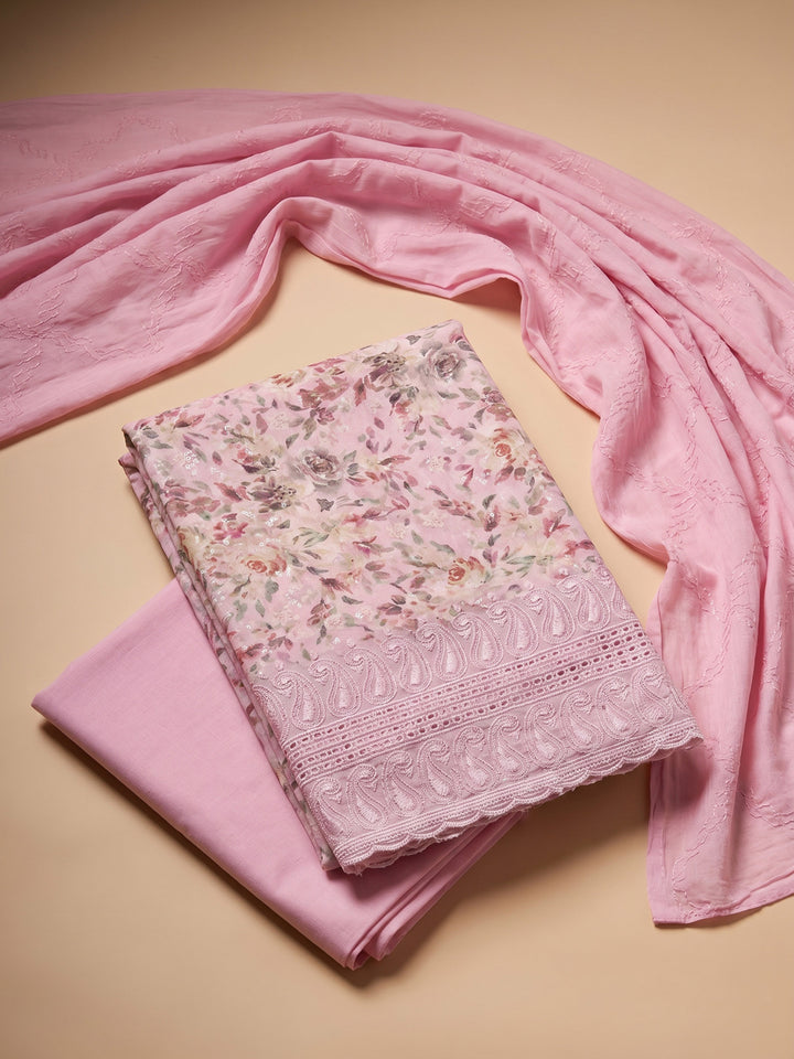 Pink Printed Cotton Blend Unstitched Suit &amp; Pant With Cotton Dupatta