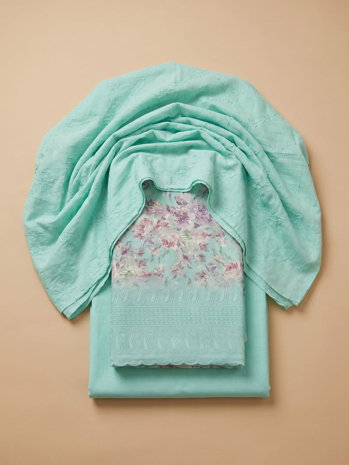 Sea Green Printed Cotton Blend Unstitched Suit &amp; Pant With Cotton Dupatta