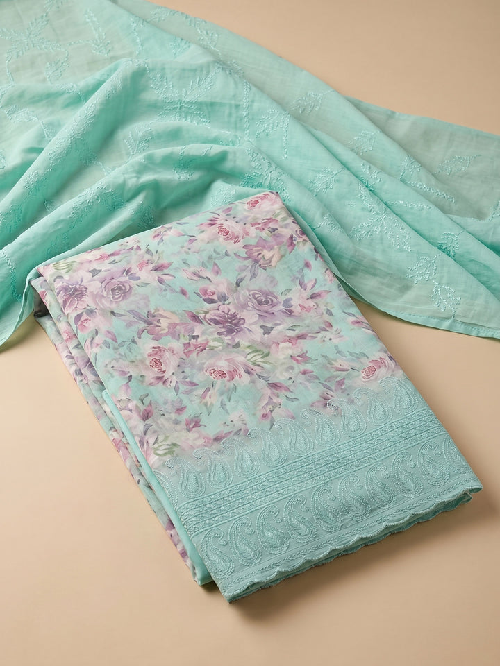 Sea Green Printed Cotton Blend Unstitched Suit &amp; Pant With Cotton Dupatta