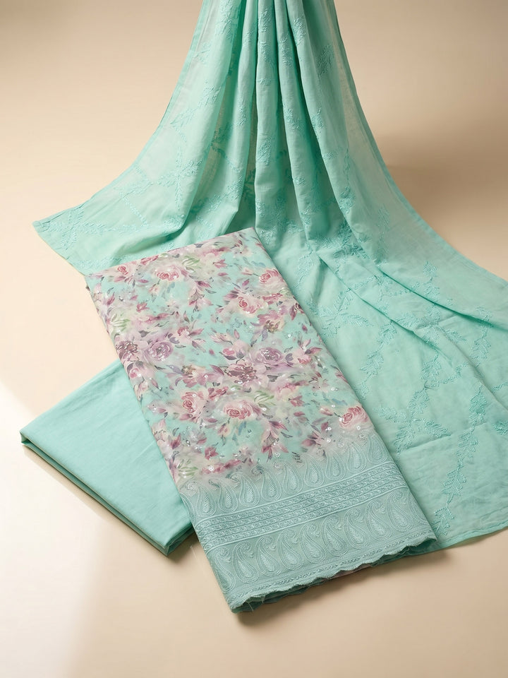 Sea Green Printed Cotton Blend Unstitched Suit &amp; Pant With Cotton Dupatta