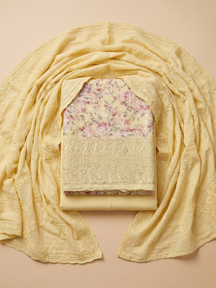 Yellow Printed Cotton Blend Unstitched Suit &amp; Pant With Cotton Dupatta