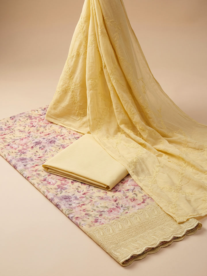 Yellow Printed Cotton Blend Unstitched Suit &amp; Pant With Cotton Dupatta