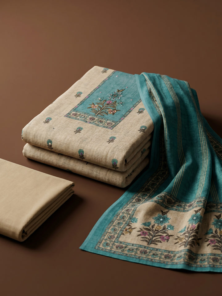 Firozee Printed Linen Blend Unstitched Suit &amp; Pant With Linen Dupatta