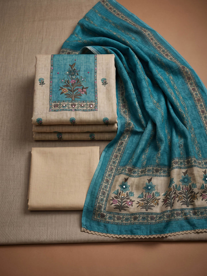 Firozee Printed Linen Blend Unstitched Suit &amp; Pant With Linen Dupatta