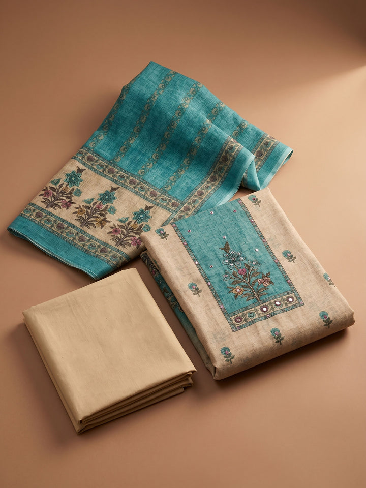 Firozee Printed Linen Blend Unstitched Suit &amp; Pant With Linen Dupatta