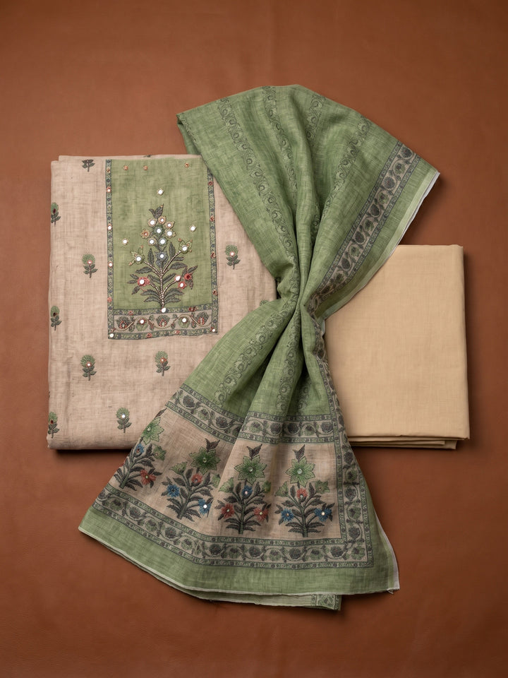 Green Printed Linen Blend Unstitched Suit &amp; Pant With Linen Dupatta