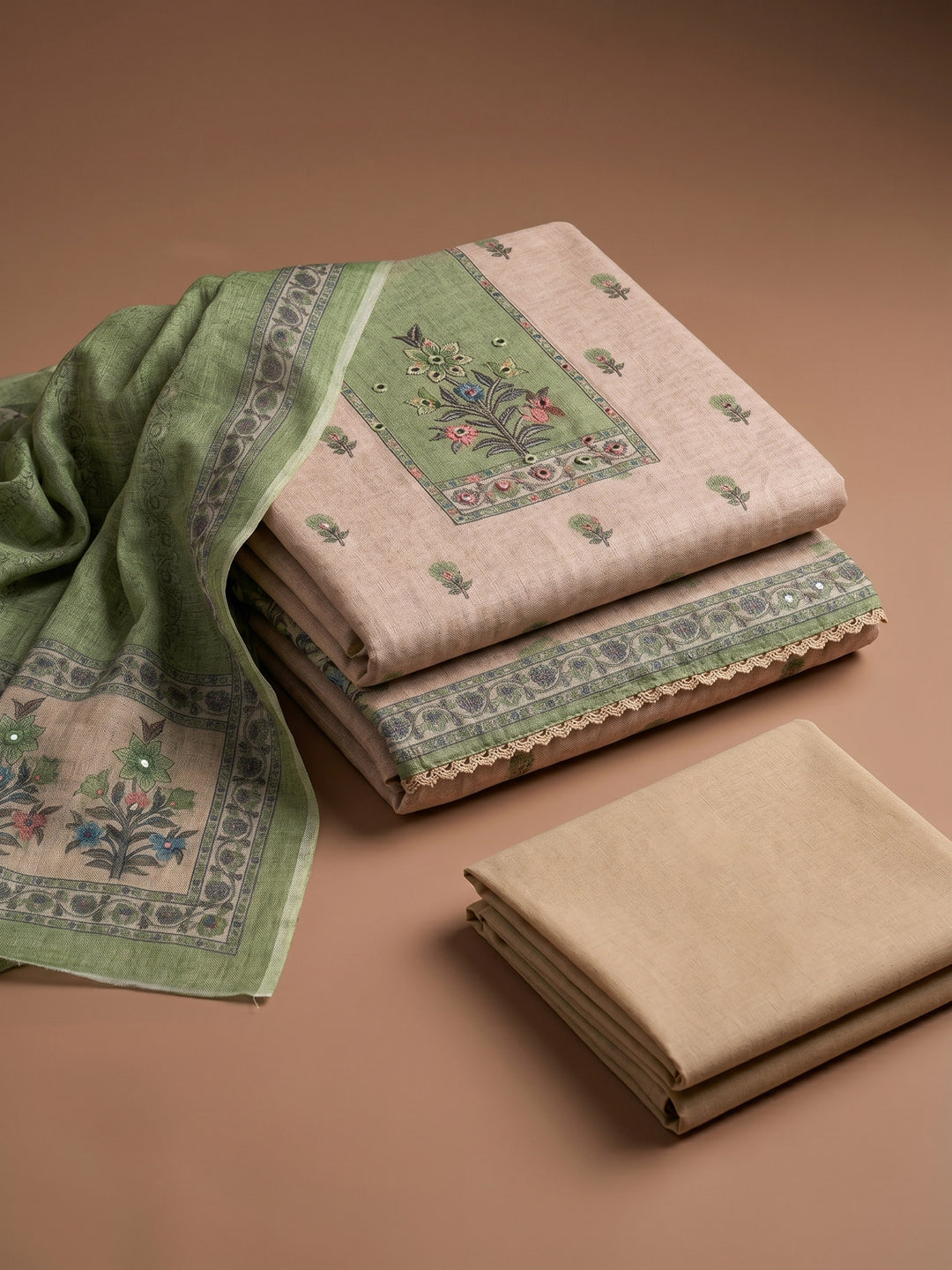 Green Printed Linen Blend Unstitched Suit &amp; Pant With Linen Dupatta