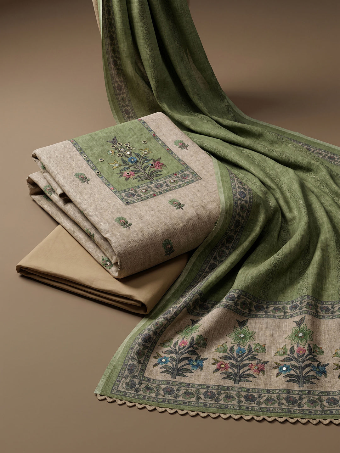 Green Printed Linen Blend Unstitched Suit &amp; Pant With Linen Dupatta