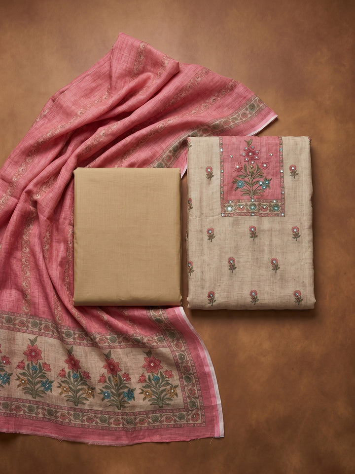 Peach Printed Linen Blend Unstitched Suit &amp; Pant With Linen Dupatta