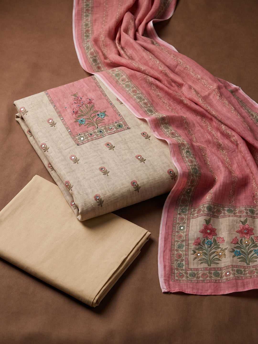 Peach Printed Linen Blend Unstitched Suit &amp; Pant With Linen Dupatta