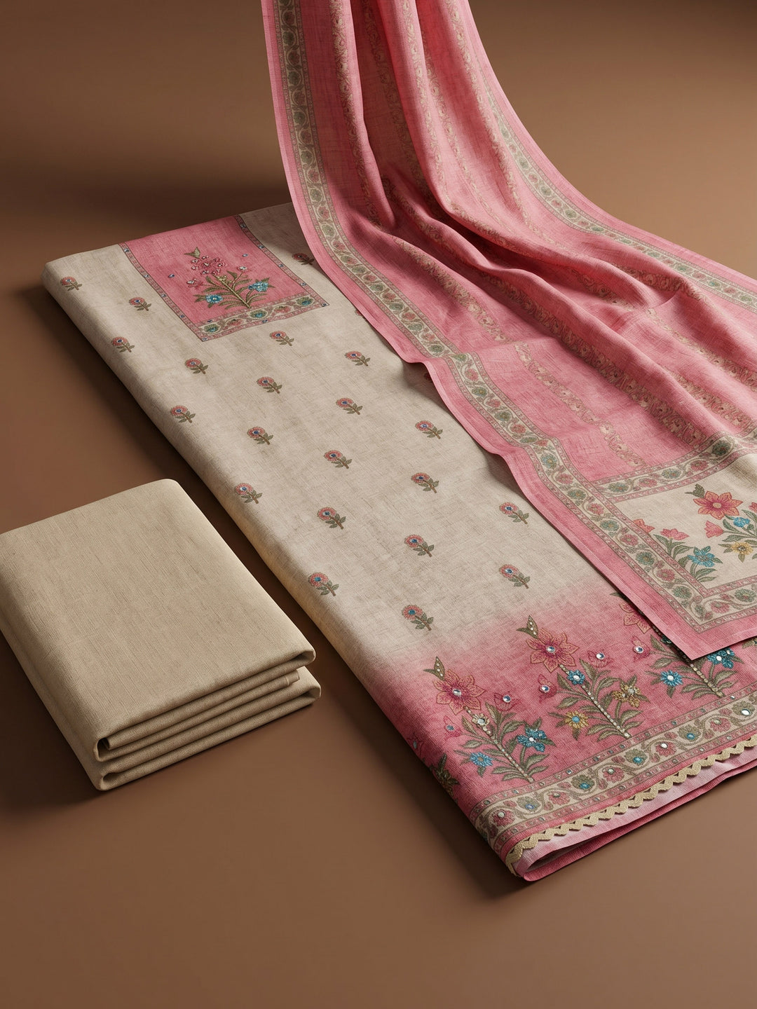 Peach Printed Linen Blend Unstitched Suit &amp; Pant With Linen Dupatta