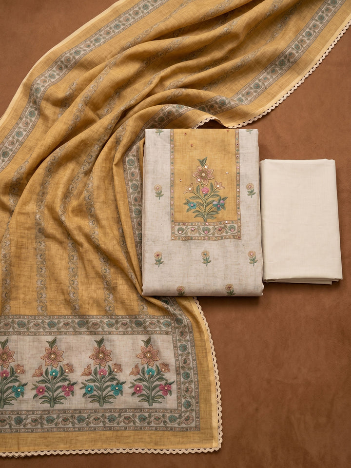 Yellow Printed Linen Blend Unstitched Suit &amp; Pant With Linen Dupatta