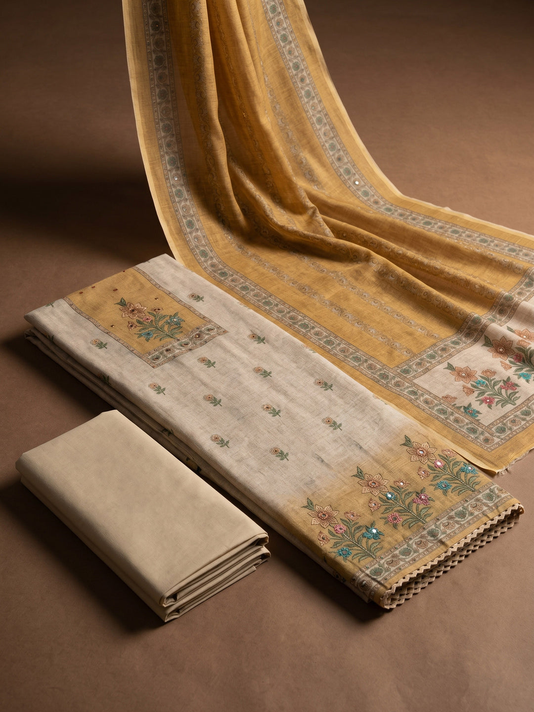 Yellow Printed Linen Blend Unstitched Suit &amp; Pant With Linen Dupatta