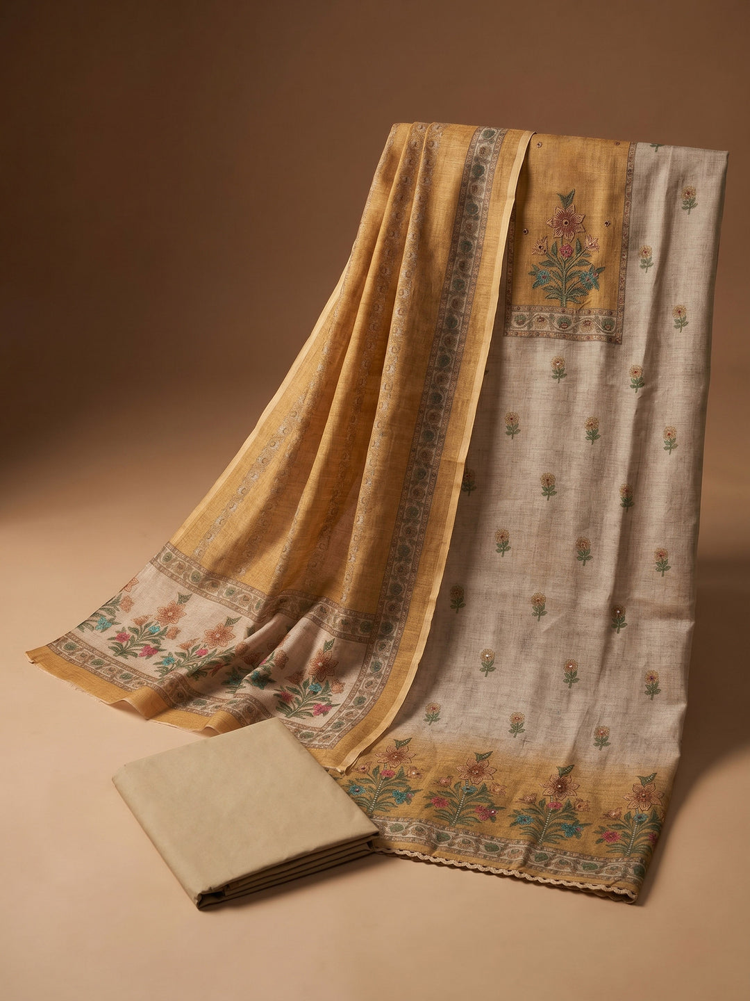 Yellow Printed Linen Blend Unstitched Suit &amp; Pant With Linen Dupatta